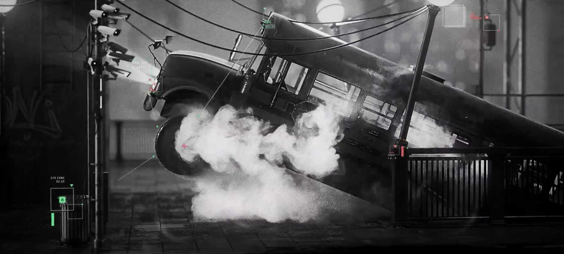 A black-and-white image of a bus leaning into a subway entrance, surrounded by smoke and tangled power lines, captures the rainy, urban nighttime scene of New York with striking intensity. Frame from Stash Magazine article.