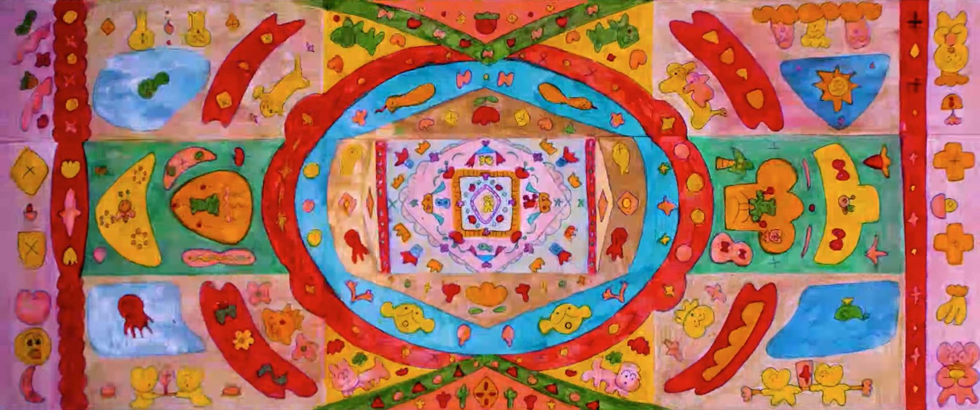 Colorful, symmetrical artwork in the style of Yoko Yuki features concentric ovals and rectangles adorned with playful, cartoon-like animals, hearts, flowers, and geometric shapes—echoing the charm of In the Big Yard Inside the Teeny-Weeny Pocket. Frame from Stash Magazine article.