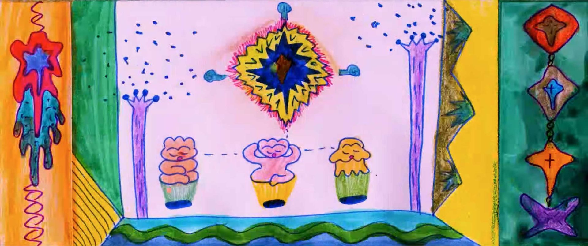 Colorful abstract drawing inspired by Yoko Yuki’s animated short "In the Big Yard Inside the Teeny-Weeny Pocket," featuring three cupcake-like figures on a stage, purple tree shapes, a starburst, blue dots, and vibrant wavy borders. Frame from Stash Magazine article.
