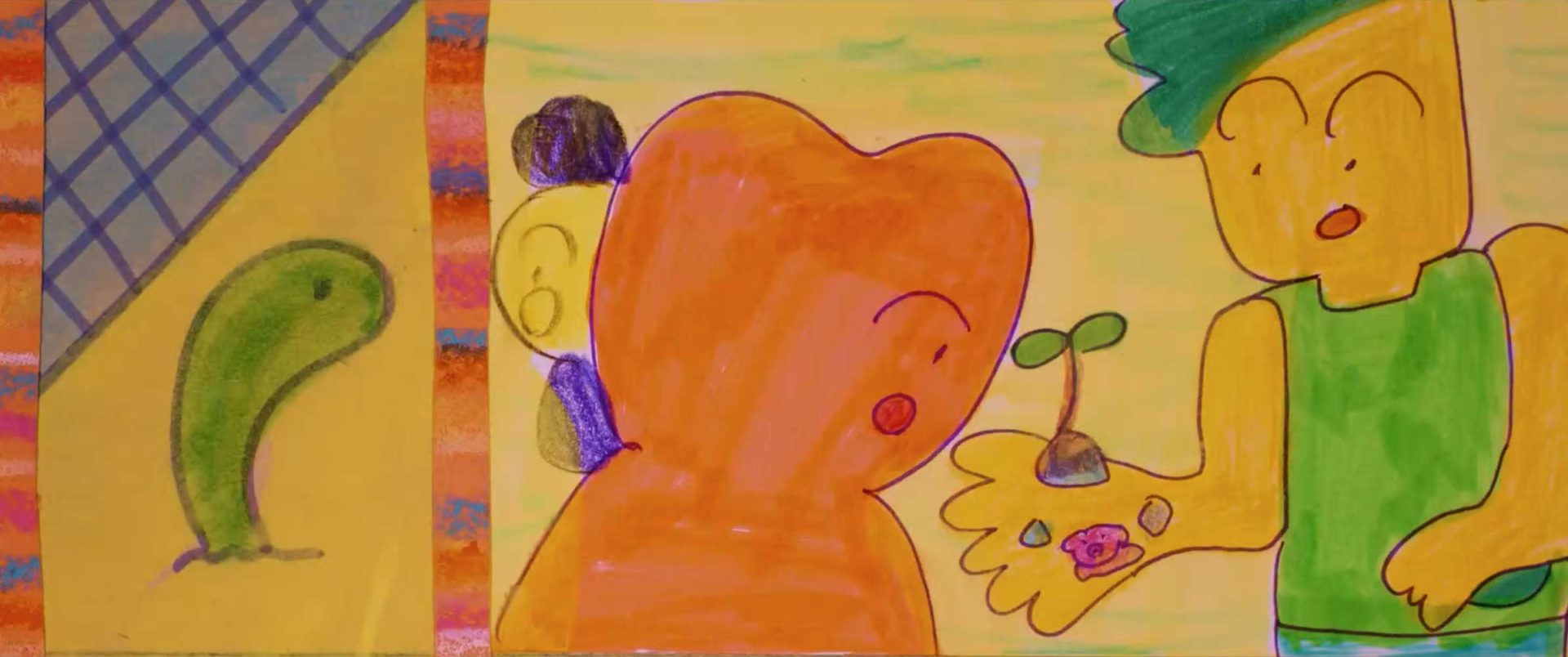 A cartoon person in green, inspired by Yoko Yuki’s "In the Big Yard Inside the Teeny-Weeny Pocket," shows a sprout and pink flower to an orange figure. A green worm peeks from a yellow corner as two more figures stand in the background. Frame from Stash Magazine article.