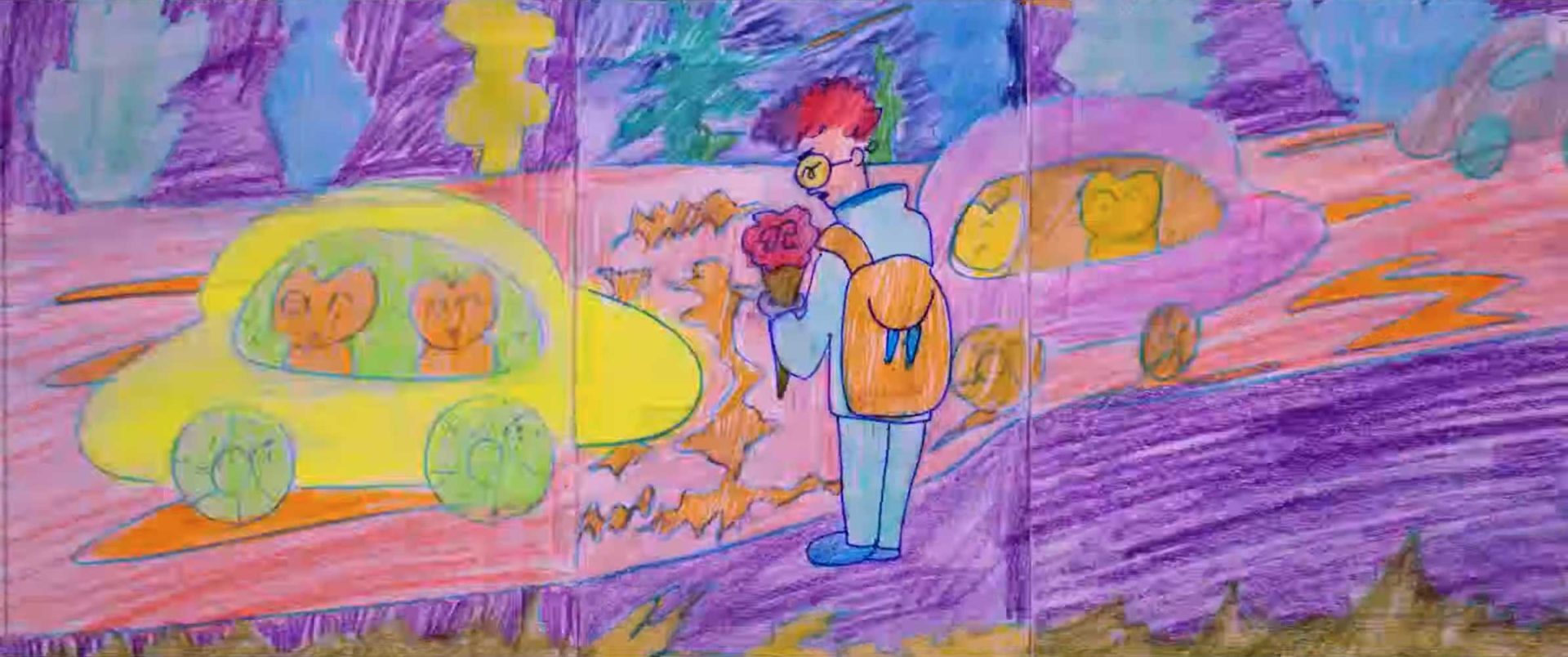 A colorful, crayon-style drawing inspired by Yoko Yuki's short film "In the Big Yard Inside the Teeny-Weeny Pocket" shows a red-haired person with glasses and a backpack holding flowers as bright cars with cat-like faces drive by on a vibrant street. Frame from Stash Magazine article.