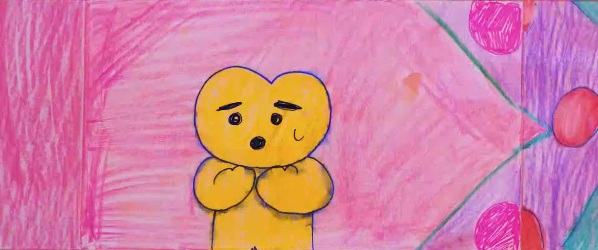 A yellow, heart-shaped cartoon character with a worried expression stands against a pink, crayon-textured background with purple and red circles on the right side, inspired by Yoko Yuki’s short film "In the Big Yard Inside the Teeny-Weeny Pocket. Frame from Stash Magazine article.