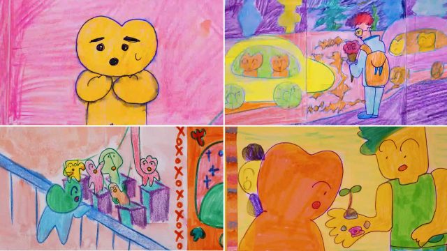 Four colorful, crayon-style illustrations inspired by Yoko Yuki's animation "In the Big Yard Inside the Teeny-Weeny Pocket" show a yellow, heart-shaped character feeling anxious, riding in a car, and interacting in a bright, whimsical world. Frame from Stash Magazine article.