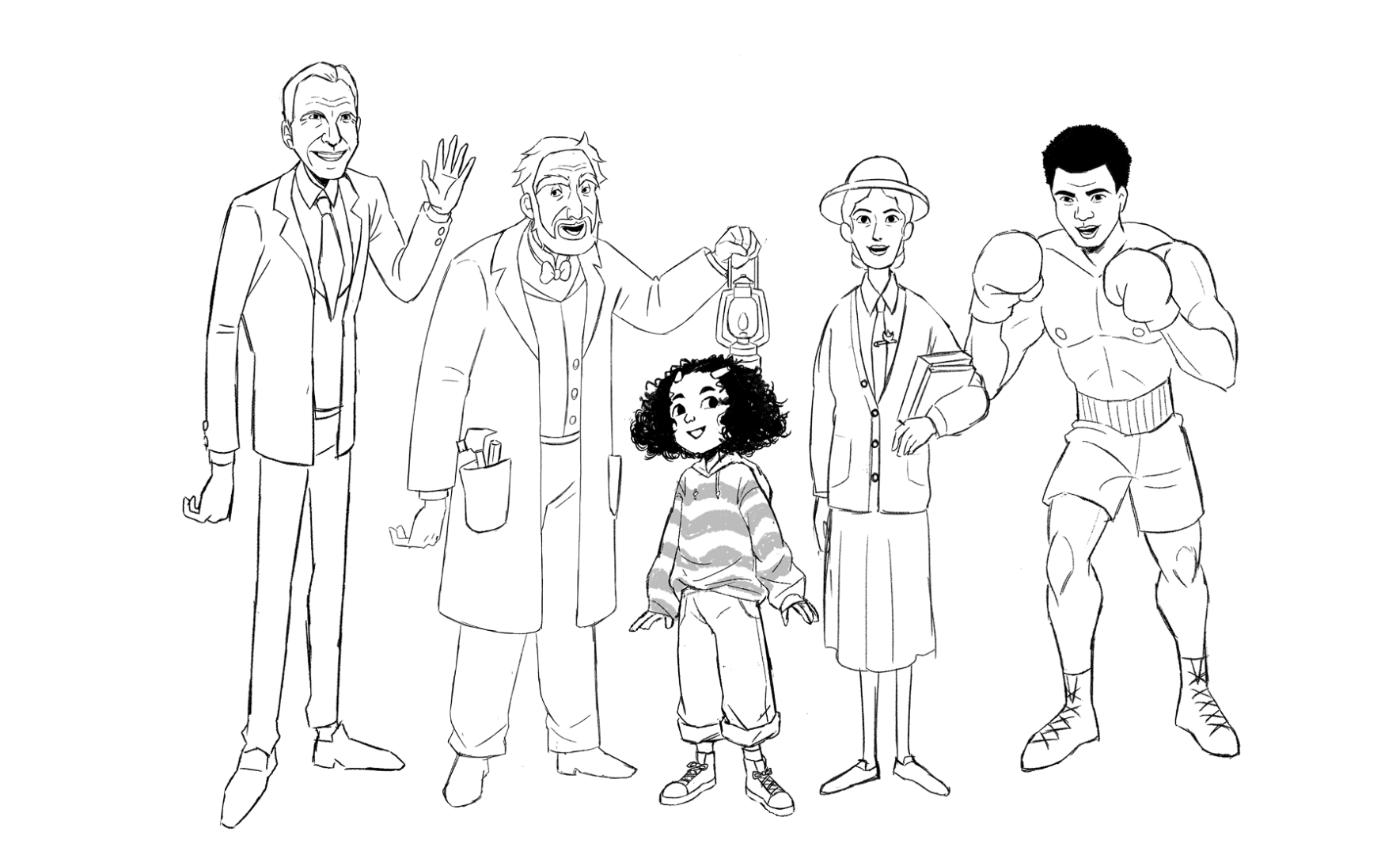 A group of five line-drawn characters, in the playful style of Art&Graft: a man in a suit waving, an older man in a lab coat with a beaker, a child with dyslexia and curly hair, a woman in a hat holding books, and a muscular boxer with gloves. Frame from Stash Magazine article.