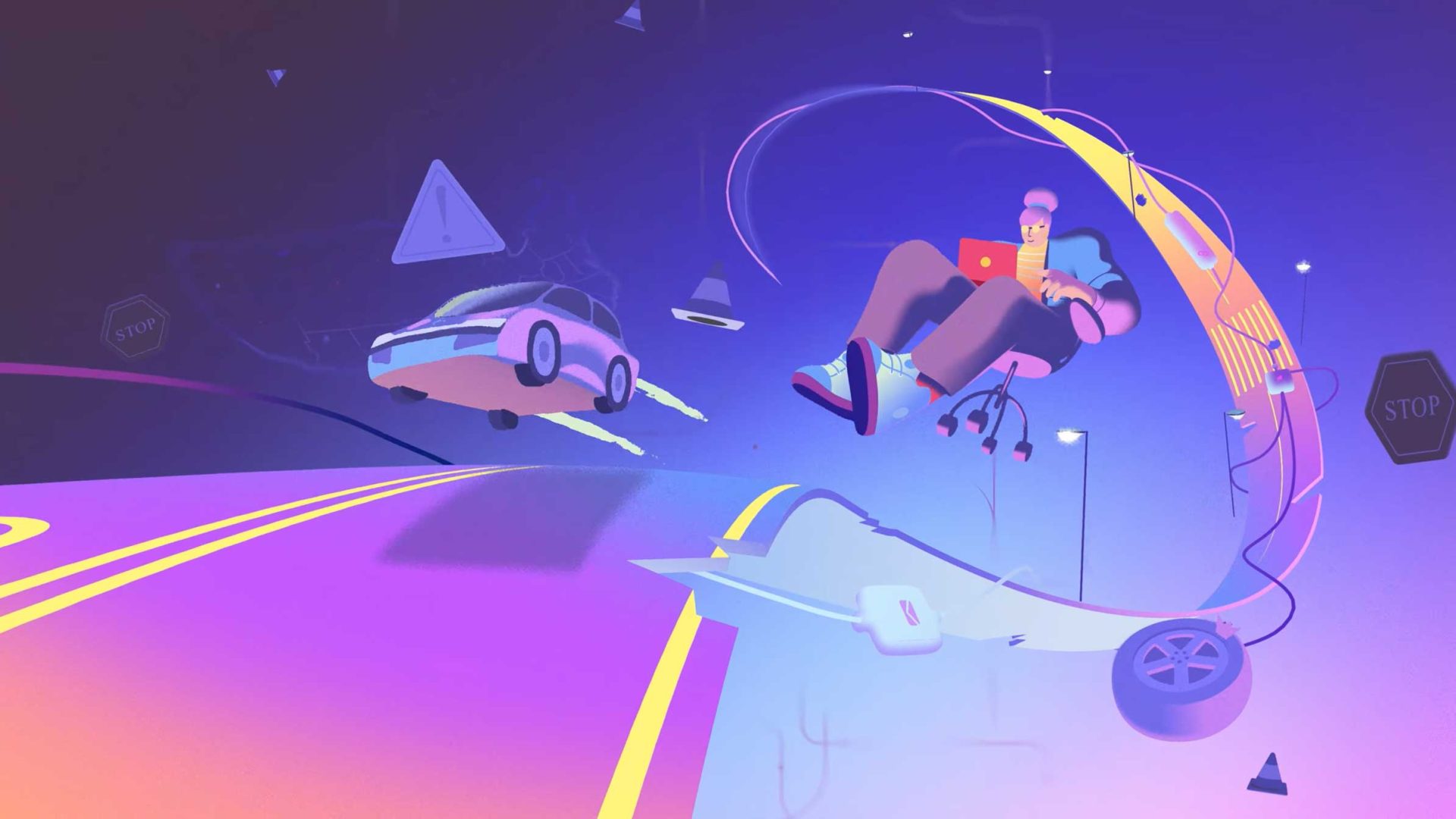 A person on a chair uses a laptop while floating alongside car parts and a flying car above a surreal, colorful road with stop signs and warning symbols—a futuristic, digital landscape inspired by BUCK’s imaginative vision, where Builders Don't W8 and automation flows seamlessly like n8n. Frame from Stash Magazine article.