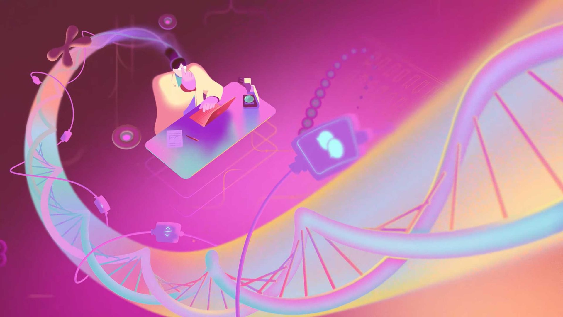 A person works at a desk surrounded by glowing DNA strands and connected devices, symbolizing biotech research and digital innovation in a vibrant, futuristic scene—powered by n8n workflows and fueled by a Builders Don’t W8 mindset. Frame from Stash Magazine article.