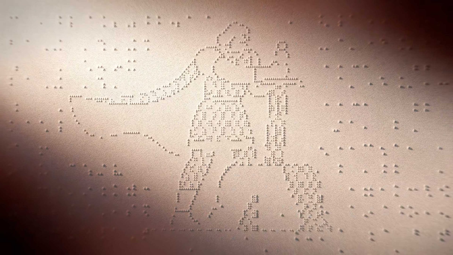 A tactile image made from raised dots depicts a bearded person in a robe holding a staff, standing next to a large object, resembling artwork for the visually impaired—perfect inspiration for Builders Don't W8 seeking BUCK-powered creativity. Frame from Stash Magazine article.