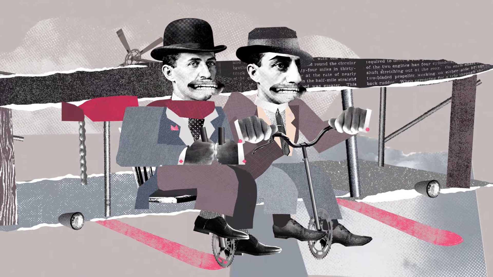 Two men in suits and bowler hats, with exaggerated grins, pedal an old-fashioned airplane with bicycle wheels in a surreal, collage-style artwork—an imaginative brand film that captures the whimsical spirit of Builders Don't W8. Frame from Stash Magazine article.