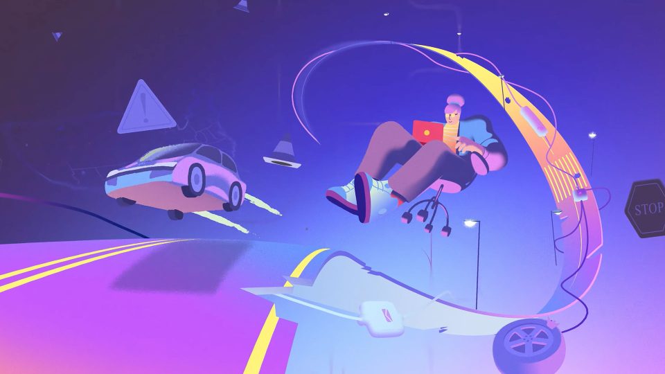 A person with a laptop floats in a chair above a glowing road, while a car speeds by in a surreal, colorful, futuristic scene with floating signs and streetlights—a vibrant brand film for Builders Don't W8 that captures the limitless creativity of n8n visionaries. Frame from Stash Magazine article.