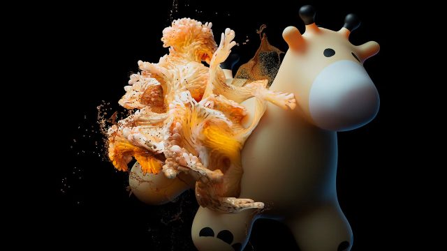 A stylized, cartoonish giraffe figure with orange and white mushrooms explosively growing out of its side, set against a black background—an imaginative creation by Dimitrios Sakkas. Frame from Stash Magazine article.