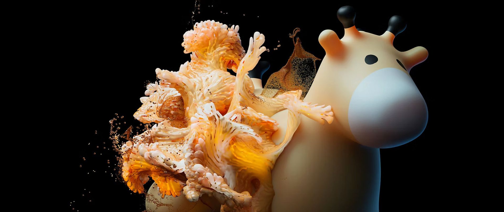 A stylized, cartoon-like giraffe figure stands against a black background, abstract shapes erupting from its side—echoing the invisible beauty of viruses—to create a surreal, imaginative scene inspired by Dimitrios Sakkas. Frame from Stash Magazine article.