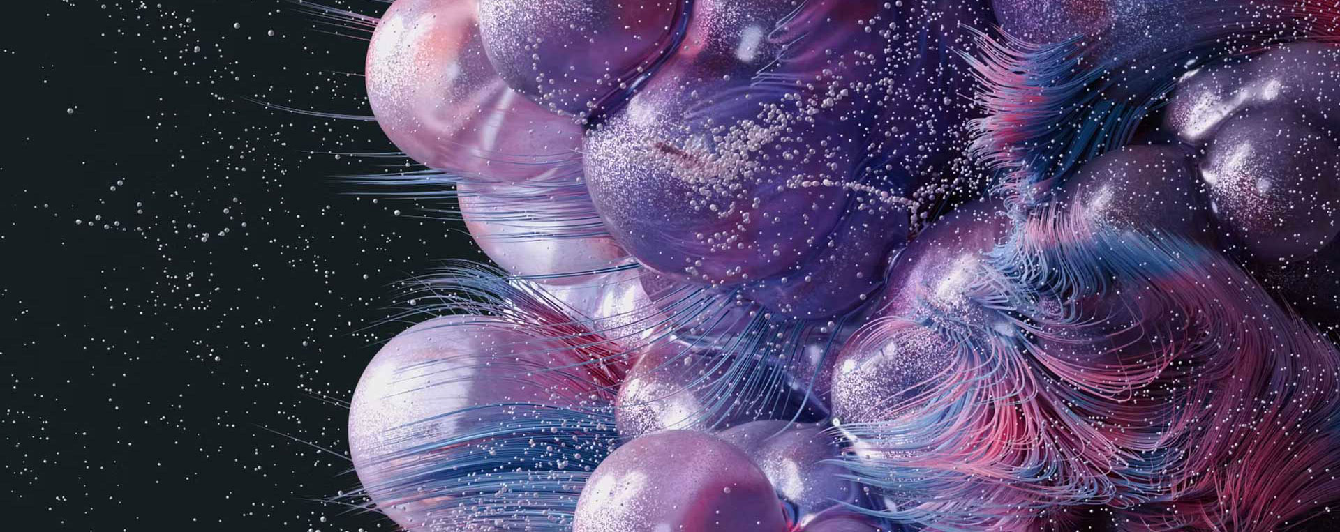 A cluster of shiny, purple and pink spheres with fine blue and pink wisps and small white particles floating around them, set against a dark background—evoking the invisible beauty of viruses. Frame from Stash Magazine article.